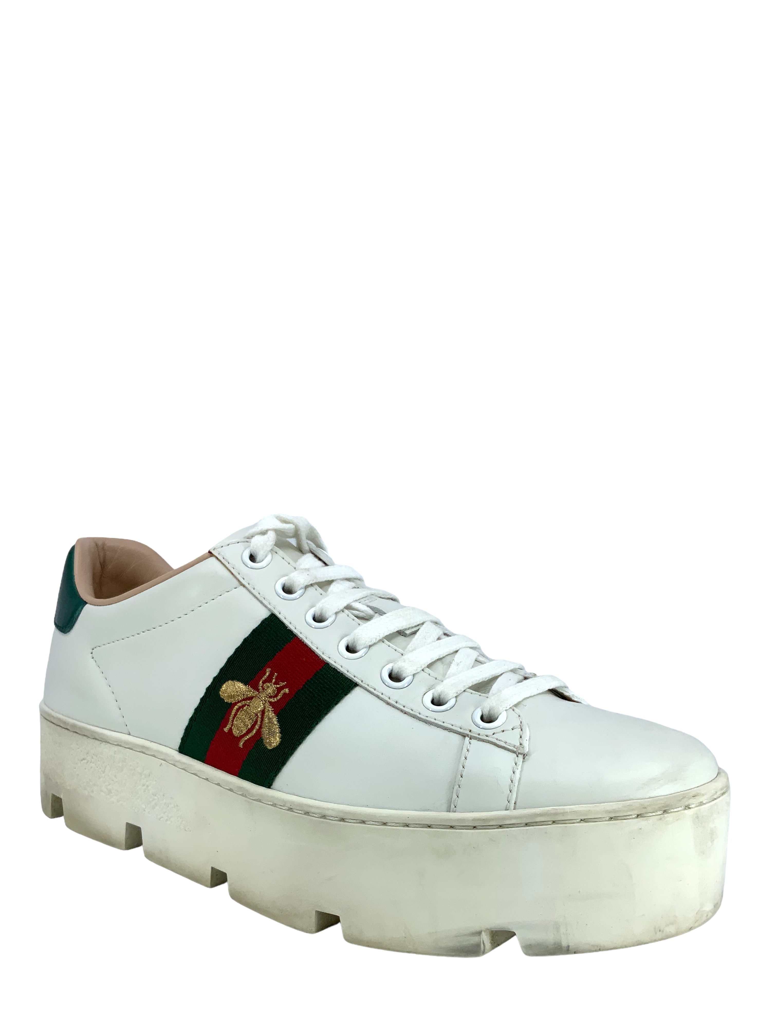 GUCCI Ace Embroidered Platform Sneakers for Women - Size 6.5 US | Fashion Luxury White Leather Shoes with Bee Embroidery | Perfect for Casual Wear, Street Style & Date Night Outfits