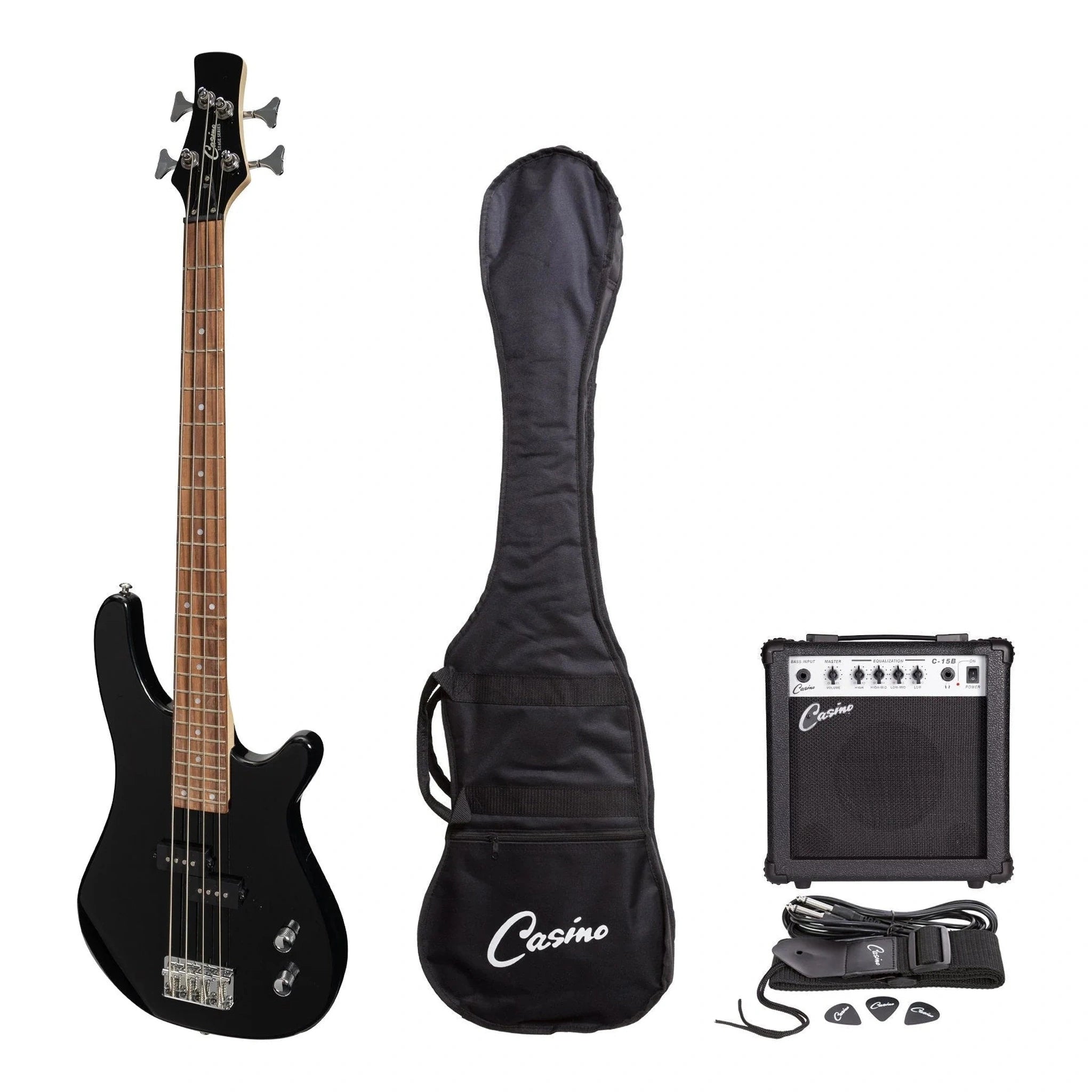 Casino '24 Series' Short Scale Electric Bass Guitar Pack - Black | Perfect for Beginners, Travel & Small Gigs