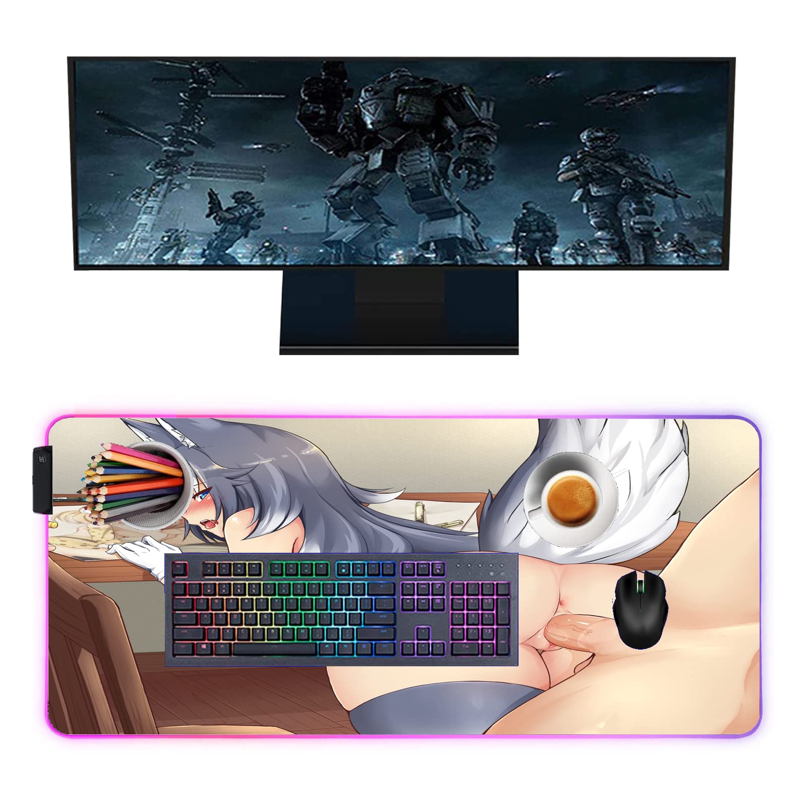 Sexy Anime Girl RGB Gaming Mouse Pad - XXL LED Luminous Desk Mat (39.37x19.68 inches) for PC & Notebook | Perfect for Gaming Setup, Office Work & Streaming Accessories