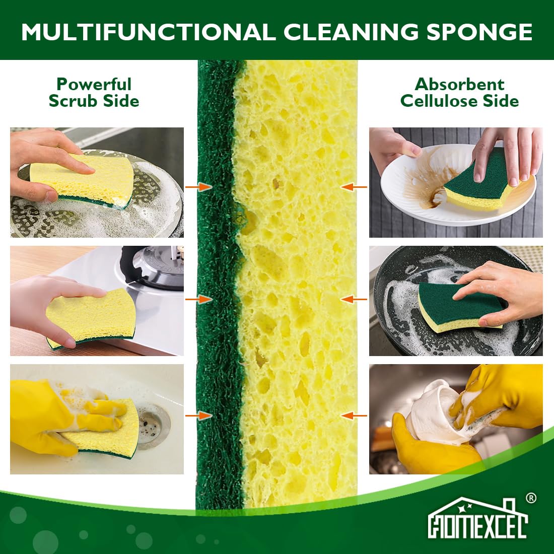 HOMEXCEL Heavy Duty Scrub Sponges 24 Pack - Dual Sided Cellulose Kitchen Sponges for Washing Dishes, Pots & Pans - Effective Cleaning Sponges for Kitchen, Sink & Countertop - Dish Sponges for Daily Cleaning & Tough Stains
