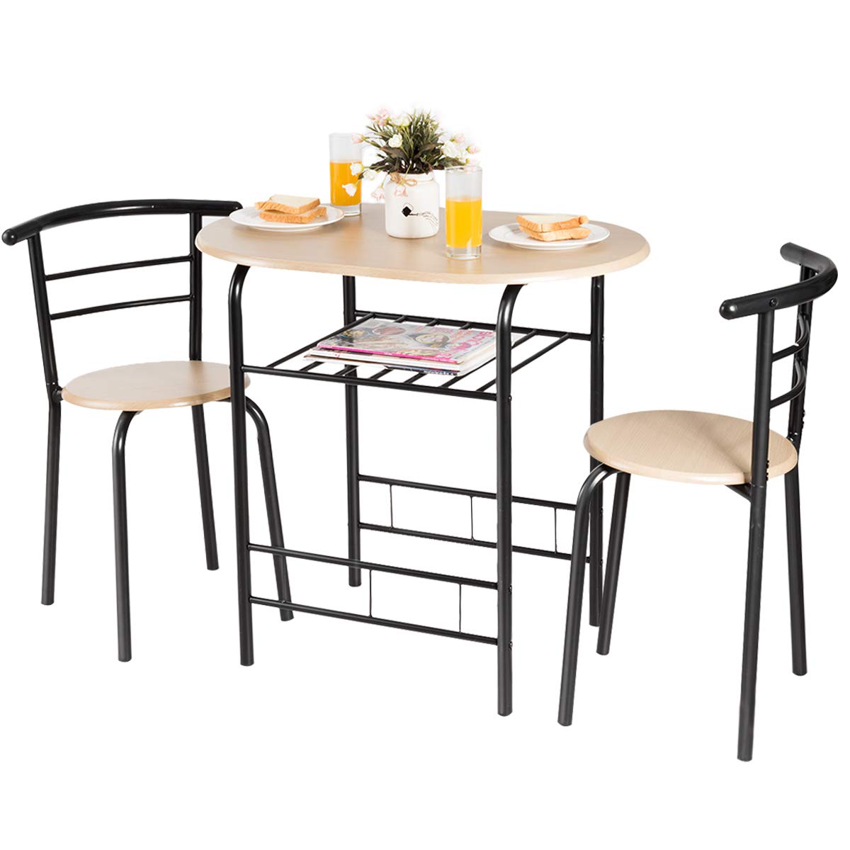 KOTEK 3-Piece Indoor Bistro Dining Set - Compact Kitchen Table with Storage Shelf & 2 Chairs, Metal Frame Space-Saving Furniture for Small Apartments (Black & Natural) | Perfect for Breakfast Nook, Studio Kitchen or Balcony Dining