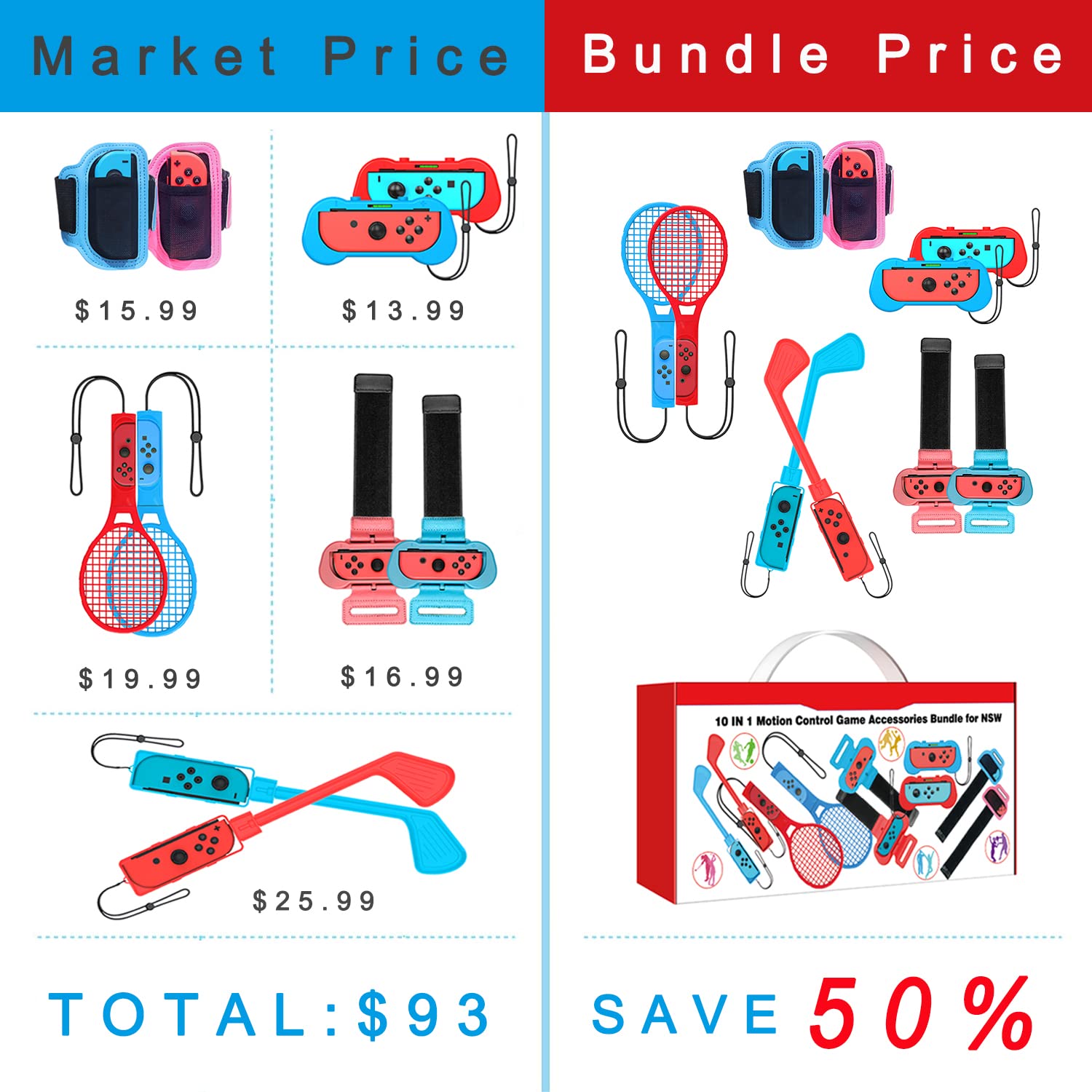 2024 Nintendo Switch Sports Accessories Bundle - Soccer Leg Straps, Mario Golf Clubs, Wrist Bands & Tennis Rackets for Switch Sports Games | Perfect for Mario Golf, Tennis & Soccer Gameplay