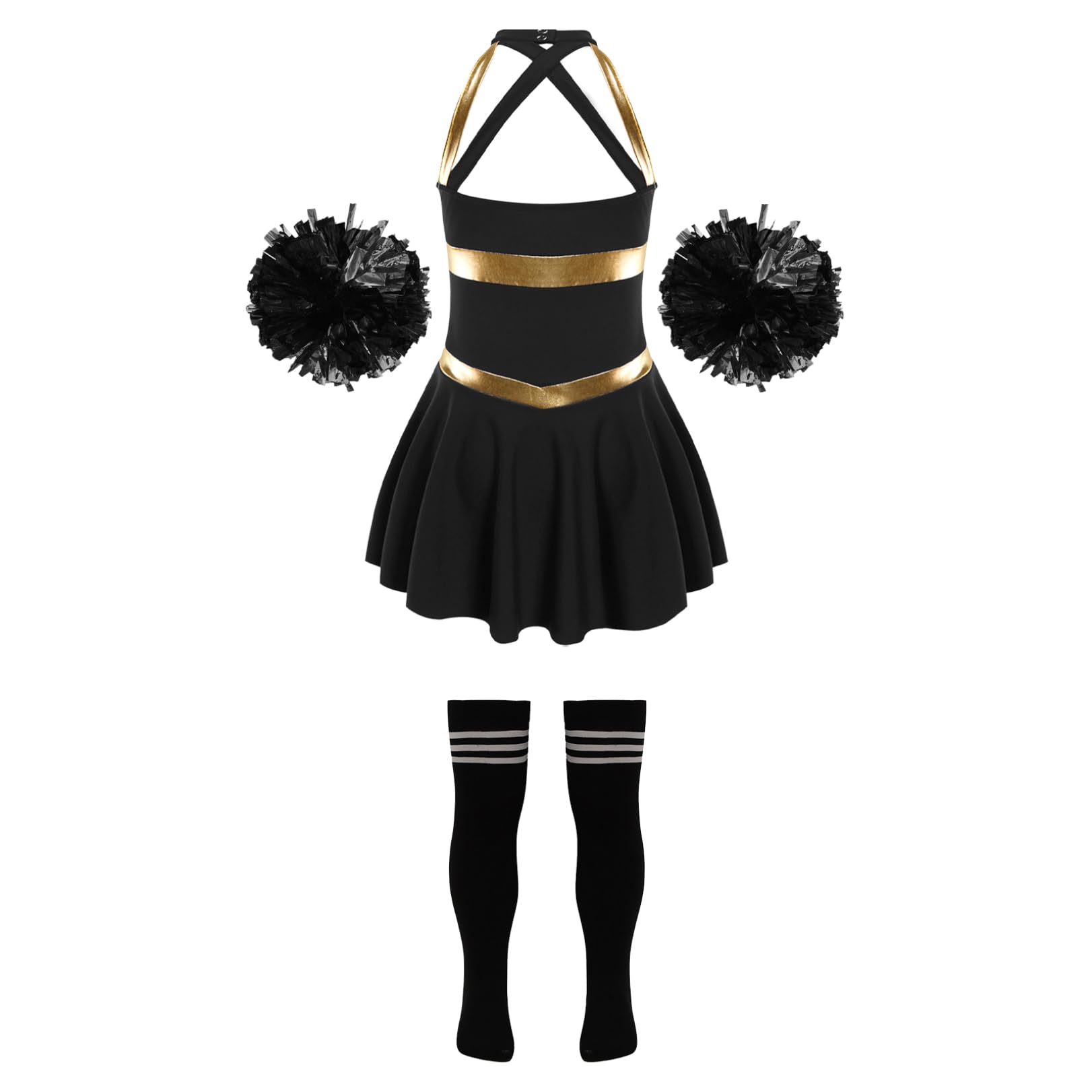 JEATHA Girls Halter Neck Dance Dress with Flower Ball Socks - Kids Dance Competition Costume for Ballet, Jazz & Performance - Perfect for Recitals, Shows & Special Occasions