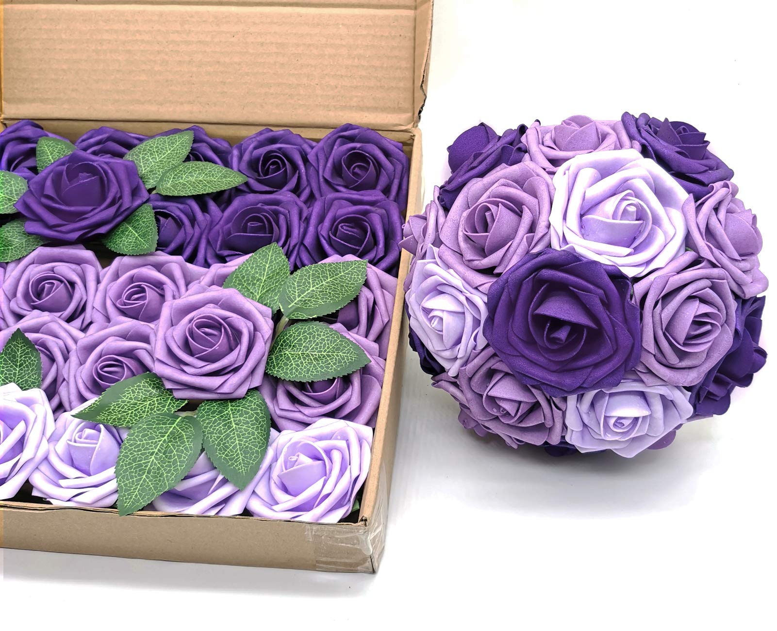 25PCS Realistic Purple Ombre Fake Roses for Wedding Bouquets & Home Decor