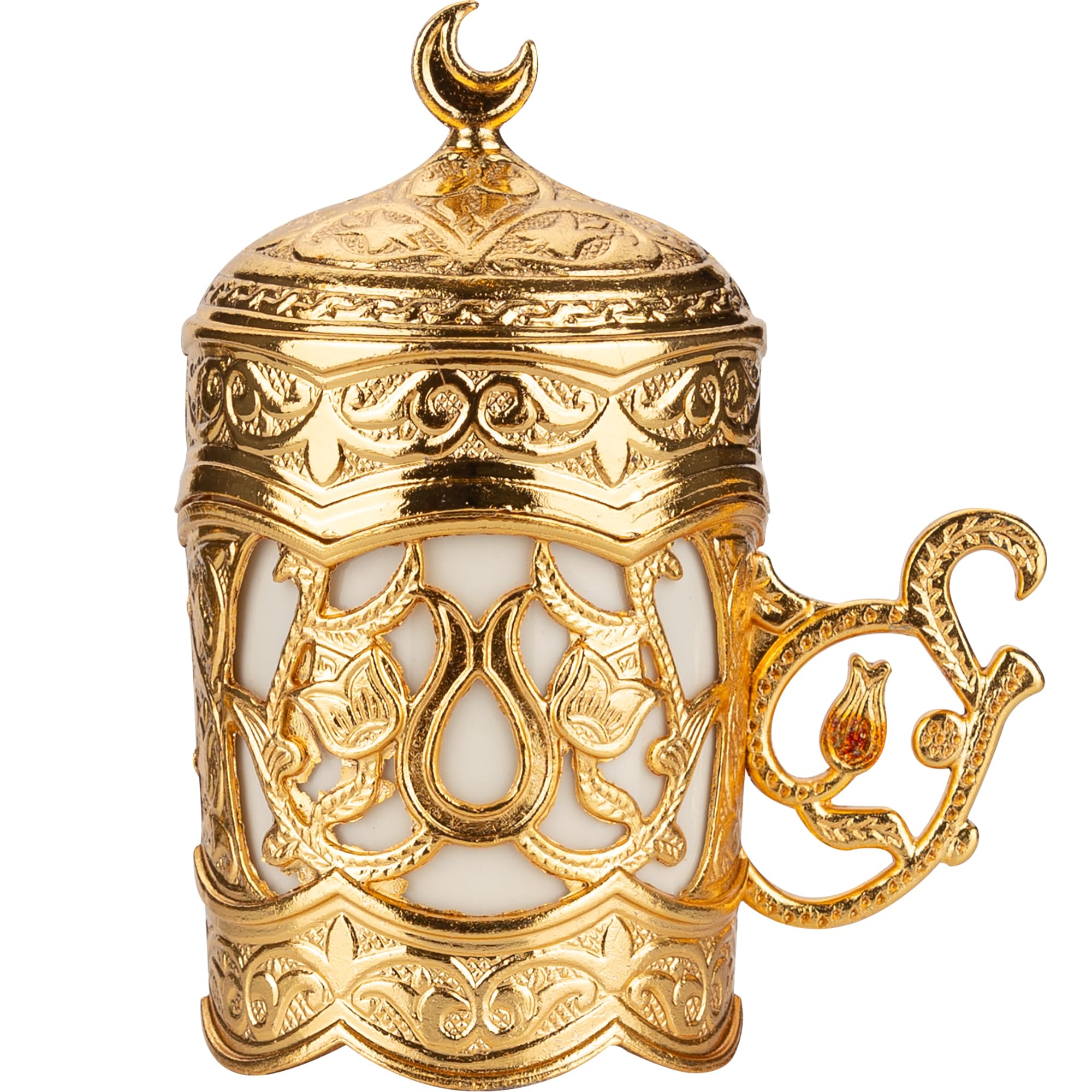 Premium Ottoman Turkish Greek Arabic Espresso Coffee Cups with Saucer and Lid - Set of 2, Gold Hilal Design - Perfect for Middle Eastern Coffee Ceremonies, Home Decor & Gift Giving