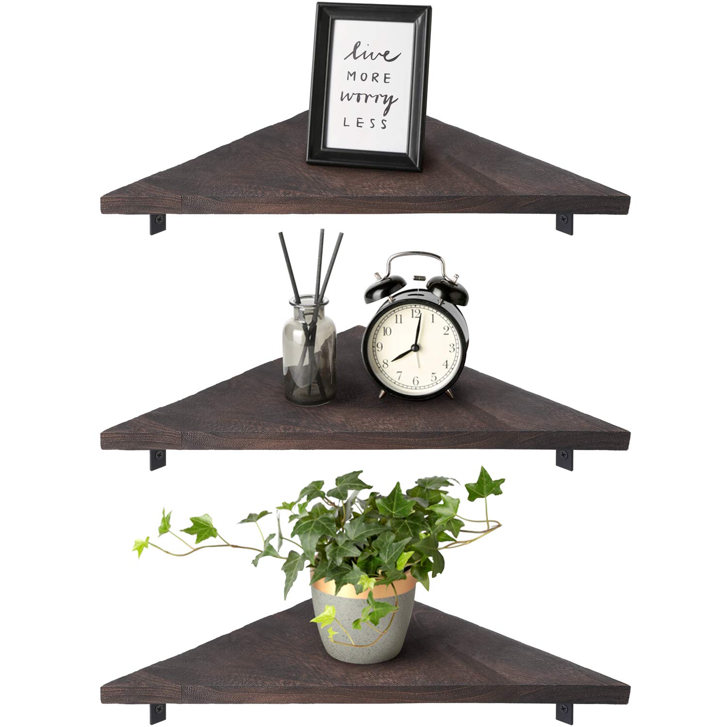 Mkono Set of 3 Floating Corner Shelves - Rustic Wood Wall Mounted Storage Shelves for Home Decor, Living Room, Bedroom, Bathroom & Office - Perfect for Displaying Plants, Books & Decorative Items