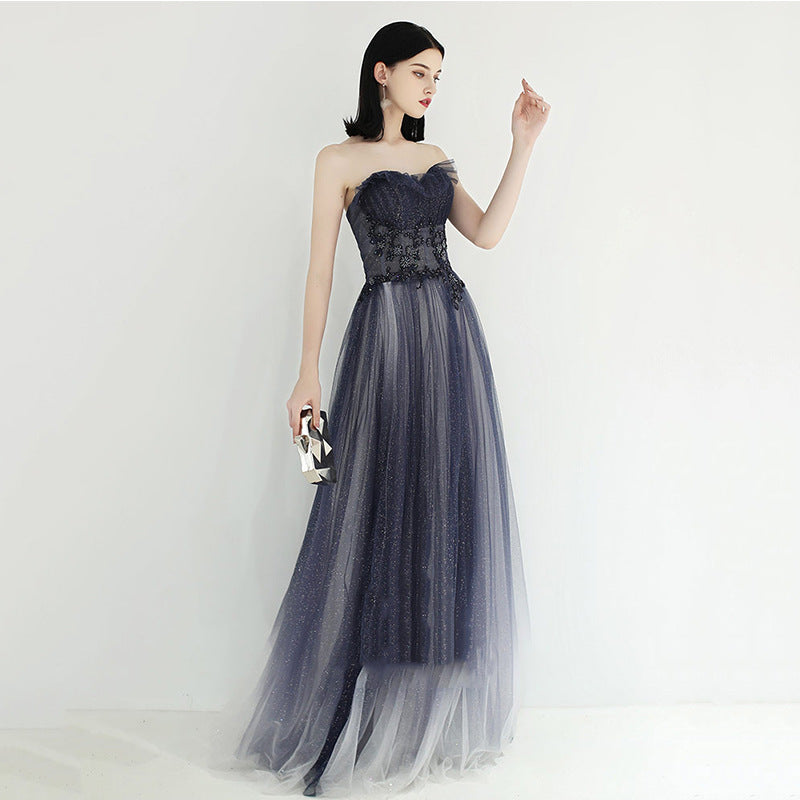 Elegant Dark Blue Strapless A-Line Prom Dress with Sparkly Beaded Details - Formal Evening Gown 636 for Homecoming, Prom Night & Special Occasions