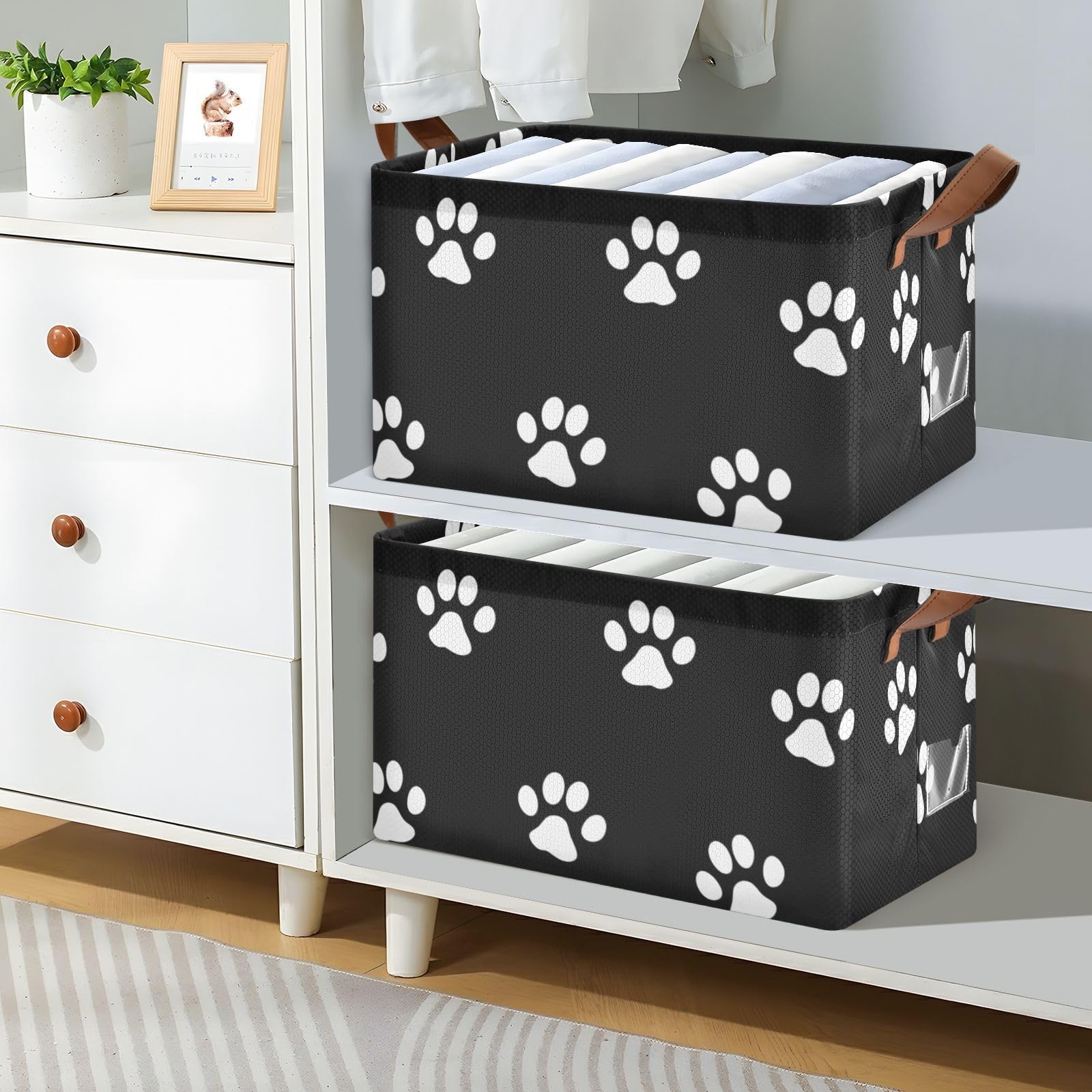 Emelivor Black Foldable Storage Bins with Dog Paw Prints - Rectangular Organizing Baskets for Shelves, Nursery & Closet - Decorative Home Storage Box with Handles | Perfect for Pet Supplies, Baby Items & Wardrobe Organization