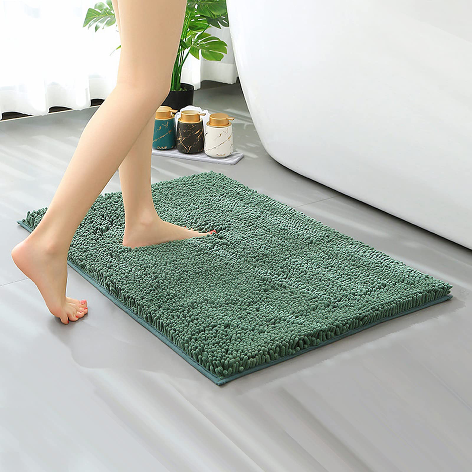 Non-Slip Chenille Bath Mat - Super Soft Absorbent Microfiber Bathroom Rug (17x24 Inches, Sage Green) - Washable Door Mat for Bathroom, Kitchen & Bedroom - Perfect for Wet Floors, Shower Exit & Home Decor