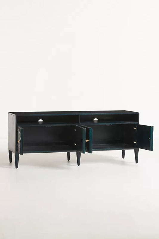 Hand Carved Paje Media Console - Solid Wood TV Stand in Indigo Blue for Living Room, Bedroom & Home Theater | Rustic Farmhouse Furniture with Storage Shelves