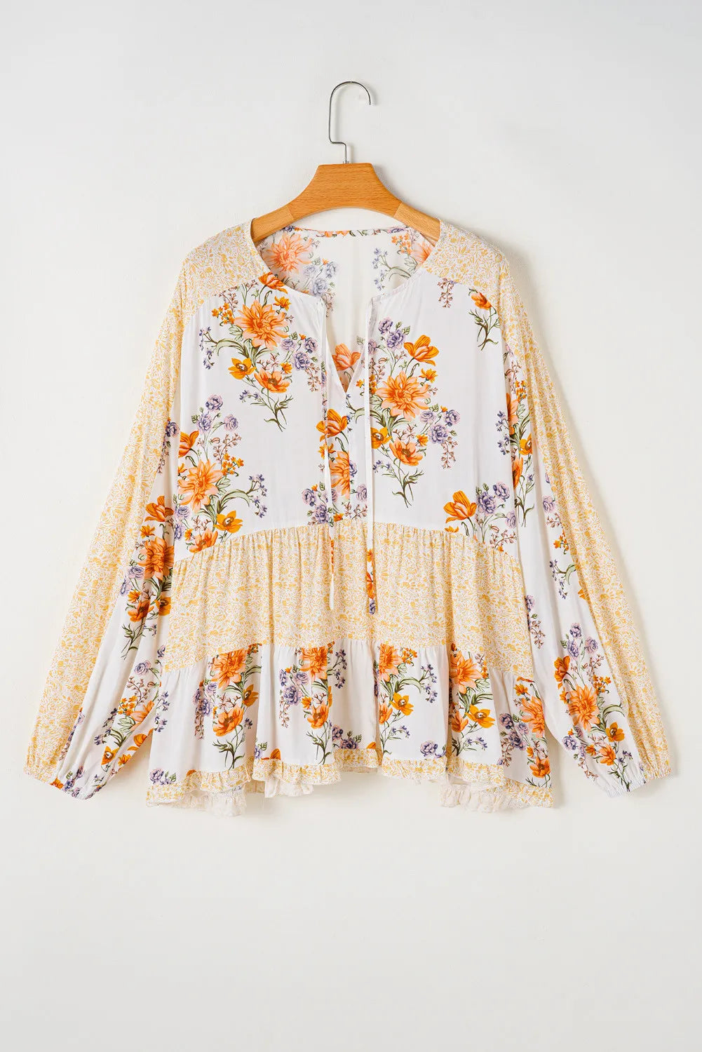 Plus Size Floral Print Tie Neck Long Sleeve Blouse for Women - Office Wear & Casual Outfits