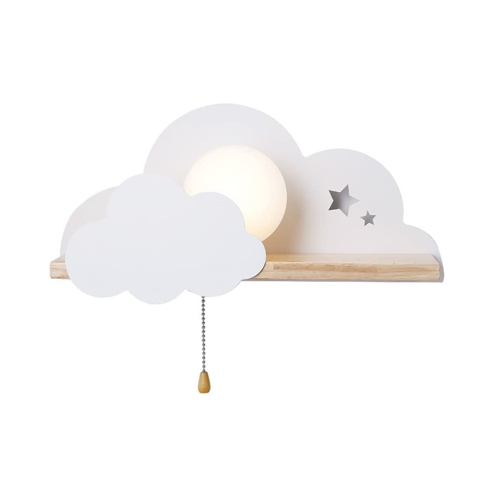 LITFAD Modern LED Wall Sconce Light - Cute Sun & Cloud Design with Pull Chain & Shelf, White Metal Wall Lamp for Girls Bedroom, Kids Room, Hotel Corridor & Stairway - Perfect for Night Light, Nursery Decor & Cozy Ambiance