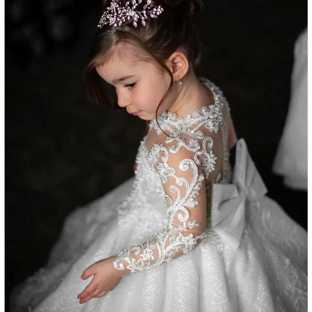 Vintage Flower Girl Dress with Bow - Elegant Ball Gown for Weddings, Parties & Special Occasions