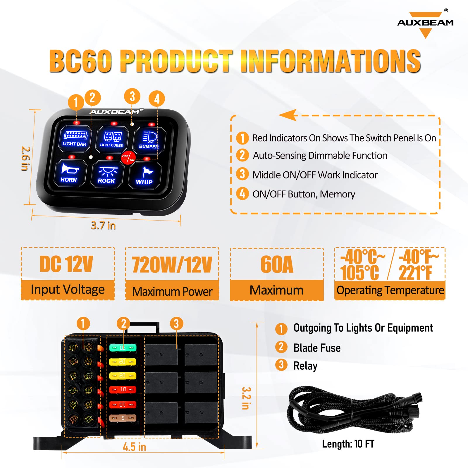 Auxbeam BC60 6 Gang Universal Switch Panel - Dimmable LED Touch Control Relay System for Cars, Trucks, UTVs, ATVs & Boats | Waterproof Circuit Box with 2-Year Warranty | Perfect for Off-Roading, Marine & RV Lighting Control (Blue)