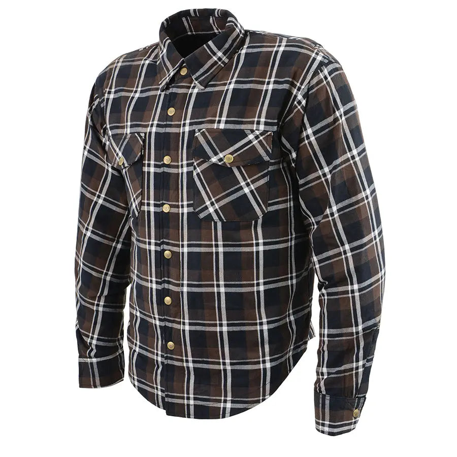 Milwaukee Leather Men's Brown Checkered Armored Flannel Biker Shirt with Reinforced Fibers - Durable Motorcycle Riding Gear for Harley Davidson & Cruiser Bikers