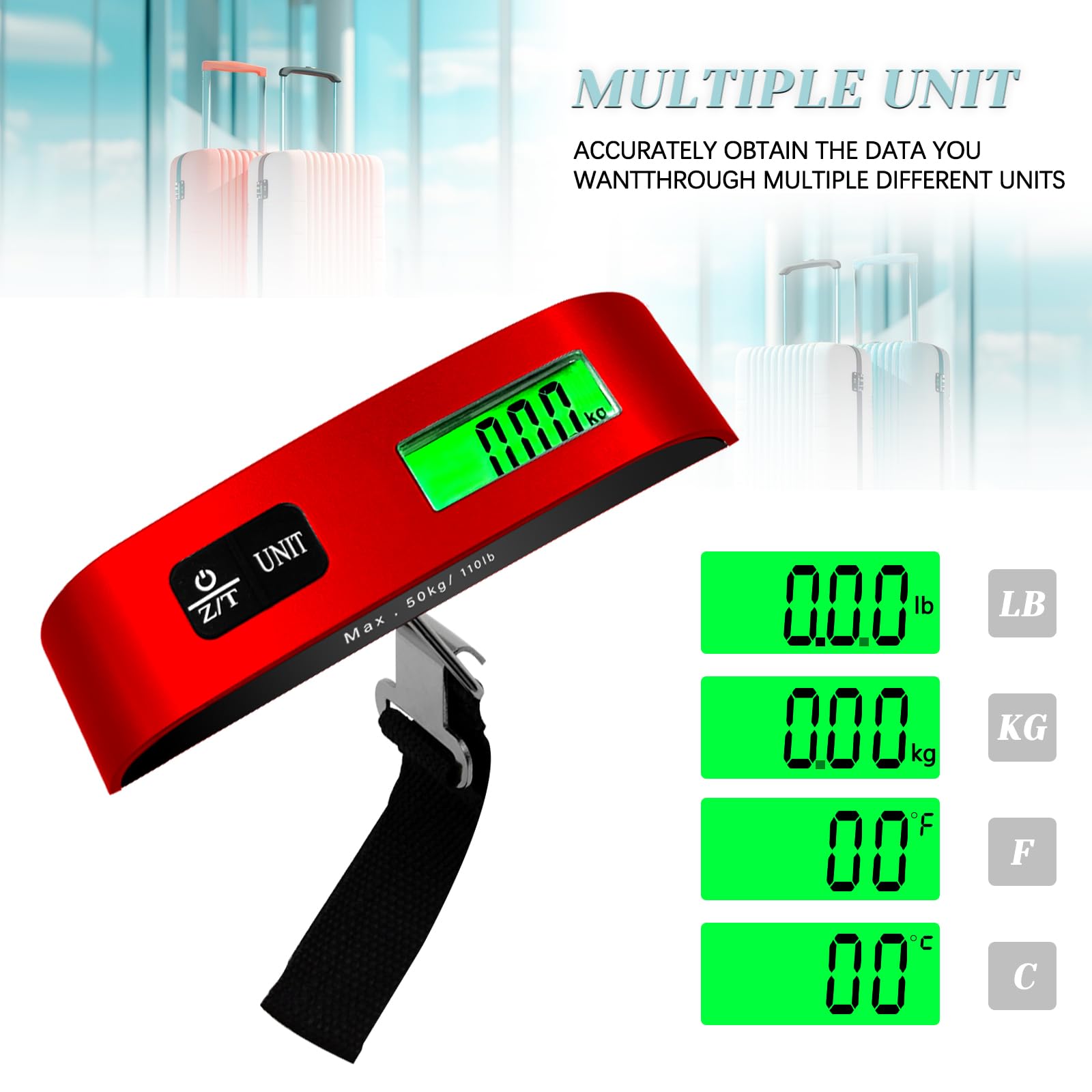 110lb Digital Luggage Scale with LED Display & 4 Unit Switching - Portable Travel Scale for Suitcases, Backpacks, Packages & Market Items (Red) - Perfect for Air Travel, Shipping & Home Use
