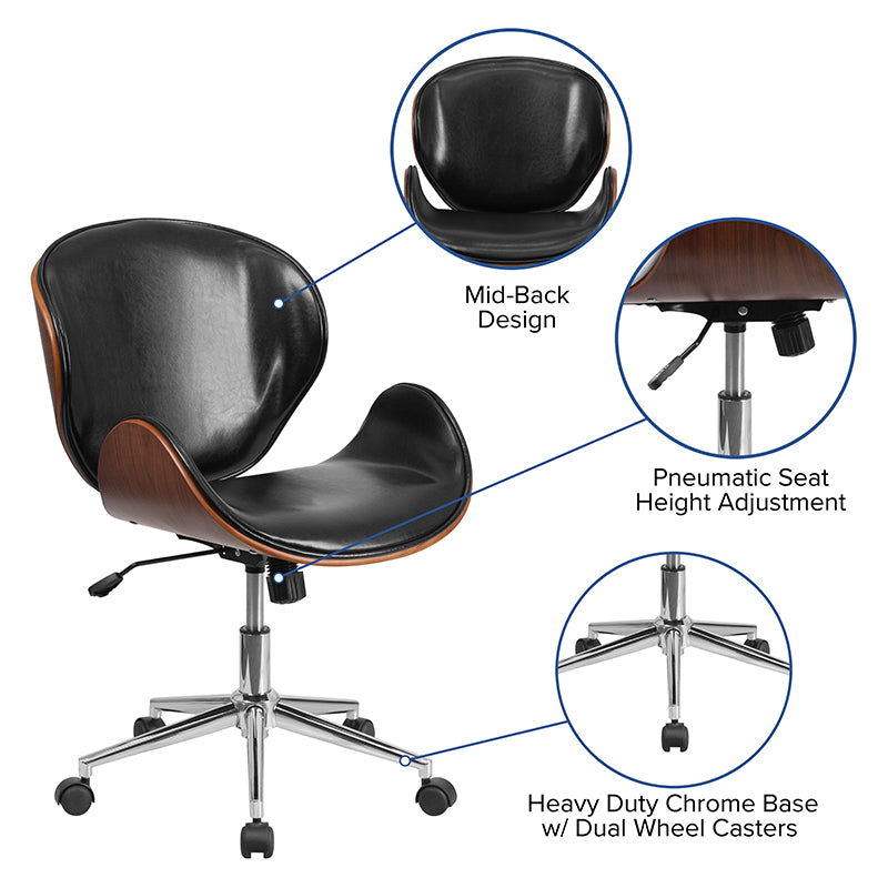 Premium Black LeatherSoft FLASH Tana Mid Back Walnut Wood Conference Office Chair - Ergonomic Executive Desk Chair for Home & Business Workspaces