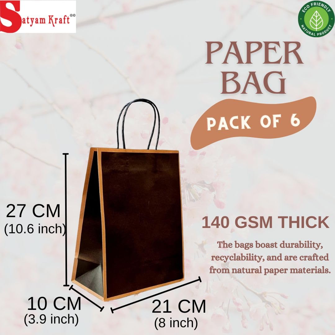SATYAM KRAFT 6-Pack Black Paper Gift Bags with Handles (27x21cm) - Perfect for Valentine's Day, Weddings, Birthdays & Party Favors | Eco-Friendly Goodie Bags for Return Gifts & Seasonal Greetings