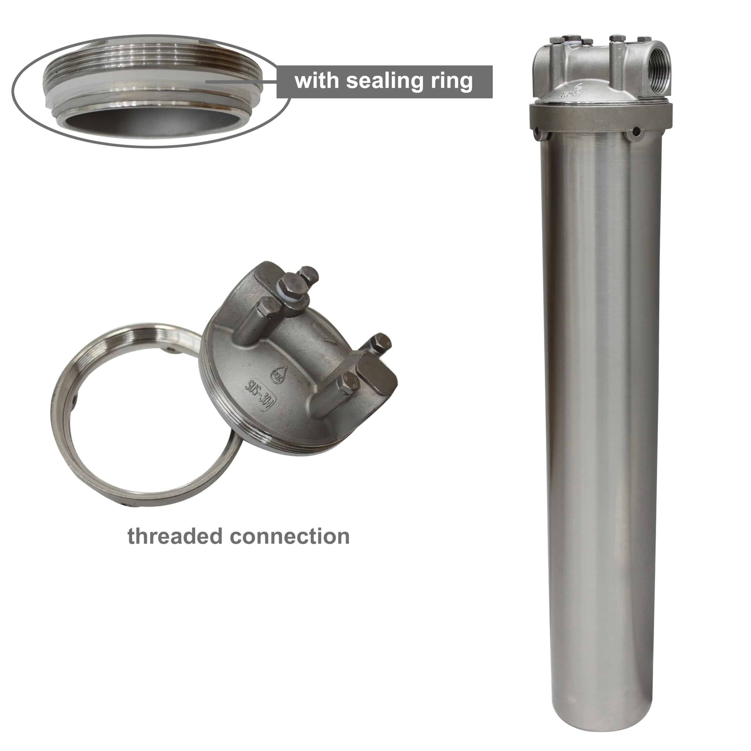 TECHTONGDA Stainless Steel 3/4inch NPT Water Filter Housing for 20inch Long Cartridge - 72psi Rated Pressure - Ideal for Home & Commercial Water Filtration Systems