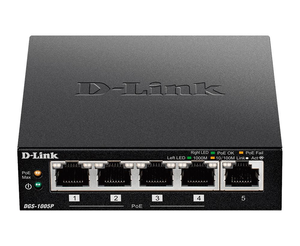 D-Link DGS-1005P 5-Port Gigabit Ethernet Switch with 4 PoE+ Ports (60W) - Ideal for Home Office, Small Business & Smart Home Device Networking