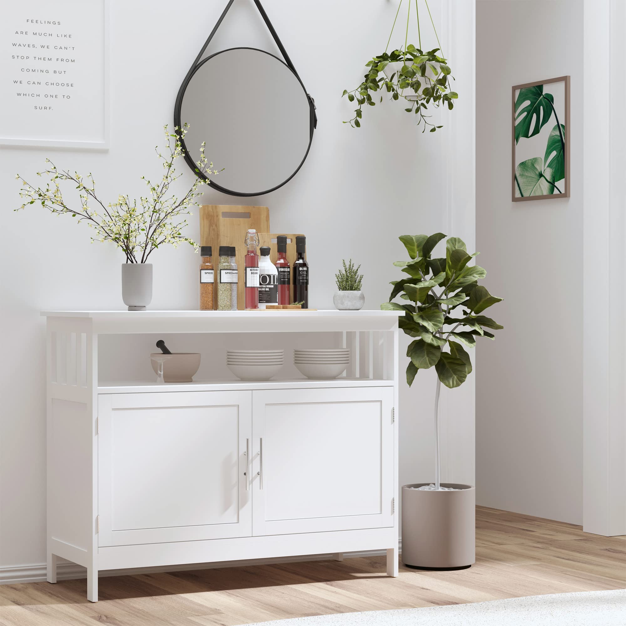 HOMCOM Modern Sideboard Buffet Cabinet - White Coffee Bar with 2-Tier Shelf & Open Storage | Perfect for Dining Room, Living Room & Kitchen Organization