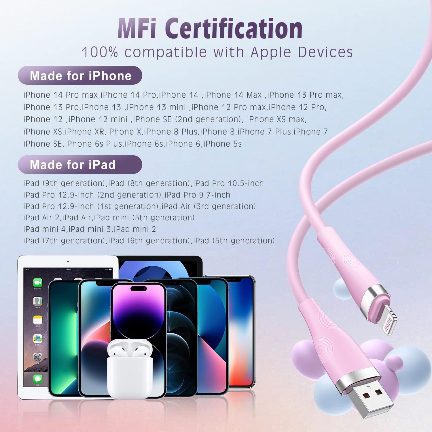 Yavud 3-Pack MFi Certified Lightning Cable 6FT Fast Charging Cord for iPhone 14/13/12/11/XS/XR/8/7/6 - Durable PVC Long Cable for Home, Office & Travel
