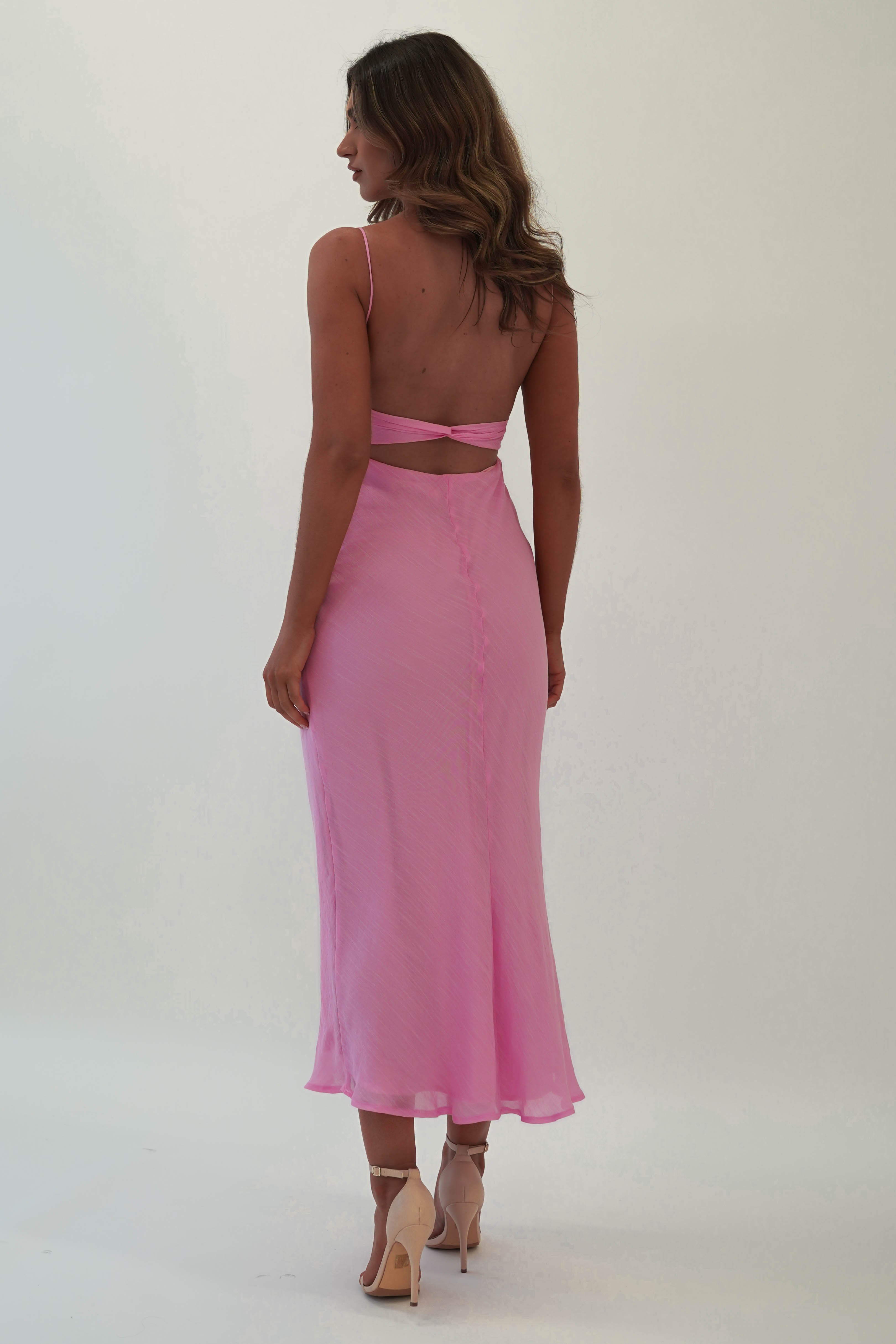 Elegant Maya Low Back Midaxi Dress in Pink - Perfect for Weddings, Parties & Evening Events