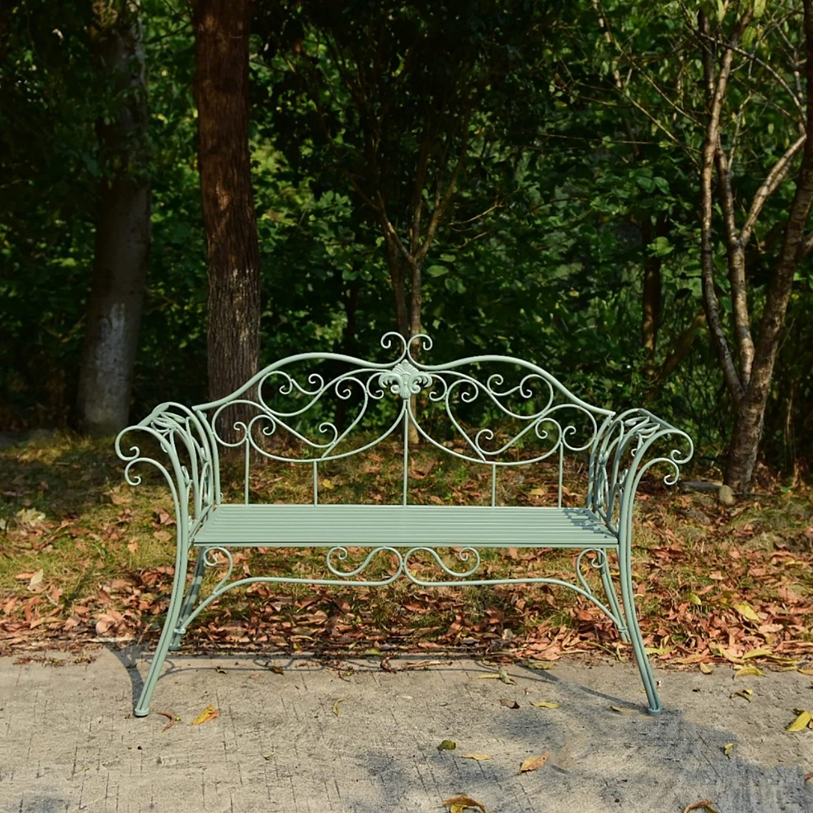 Outdoor Metal Garden Bench with Decorative Cast Iron Backrest - Double Seat Patio Furniture for Garden, Yard, Balcony, Park, Porch & Sunroom - Durable Green Outdoor Seating for Relaxing in Nature