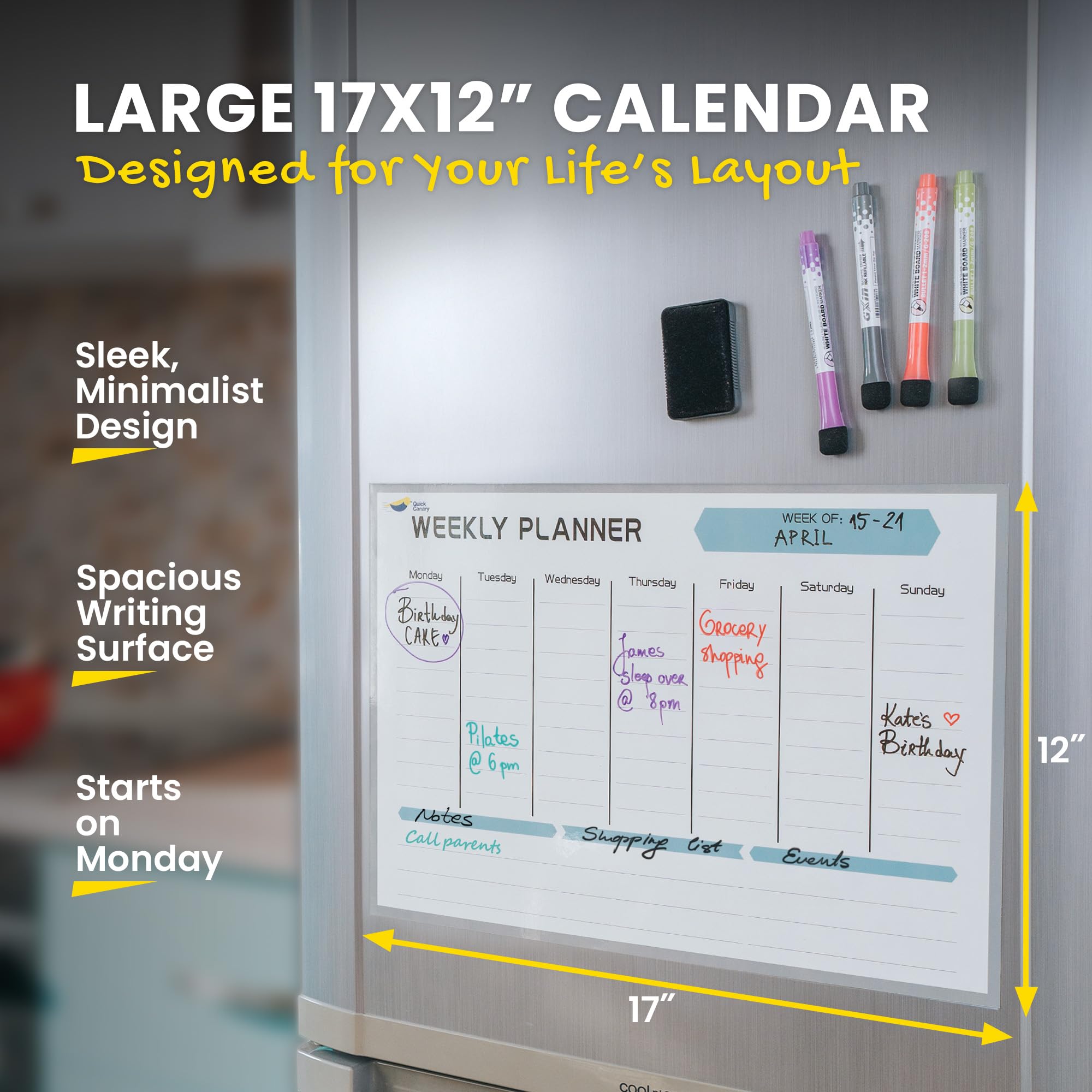 Quick Canary Magnetic Weekly Planner for Fridge - 17x12 Inch Dry Erase Board Calendar for 2025 Schedules, Meal Planning & Household Chores - Includes 4 Markers & Eraser - Perfect for Kitchen Organization & Family Scheduling