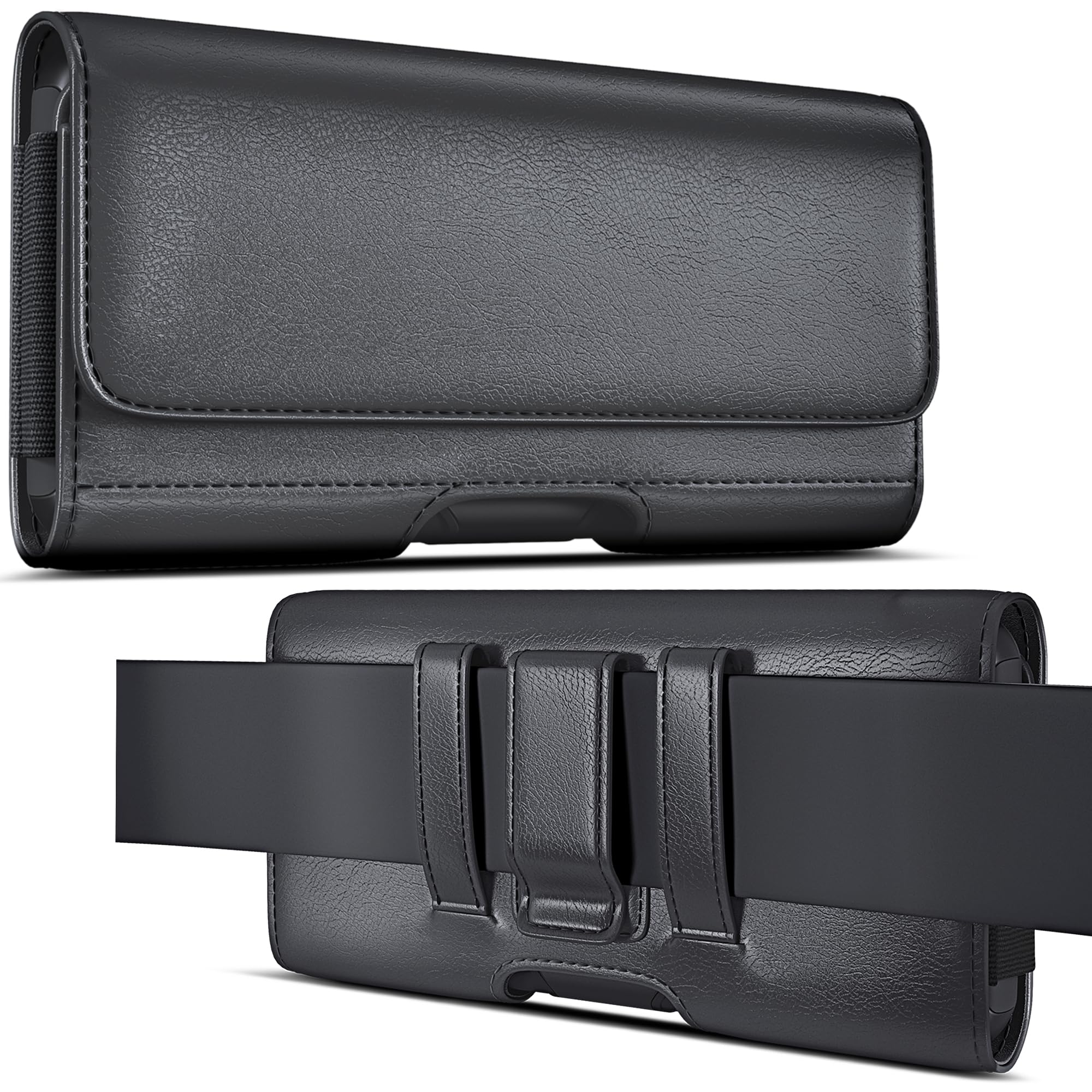 DeBin iPhone 16 Pro Max/16 Plus/15 Pro Max/14 Plus/13/12/11/Xs/8/7/6s Belt Holster - Men's Leather Phone Case with Clip & ID Card Holder - Compatible with Otterbox Commuter Case (Large, Black) - Perfect for Work, Travel & Outdoor Activities
