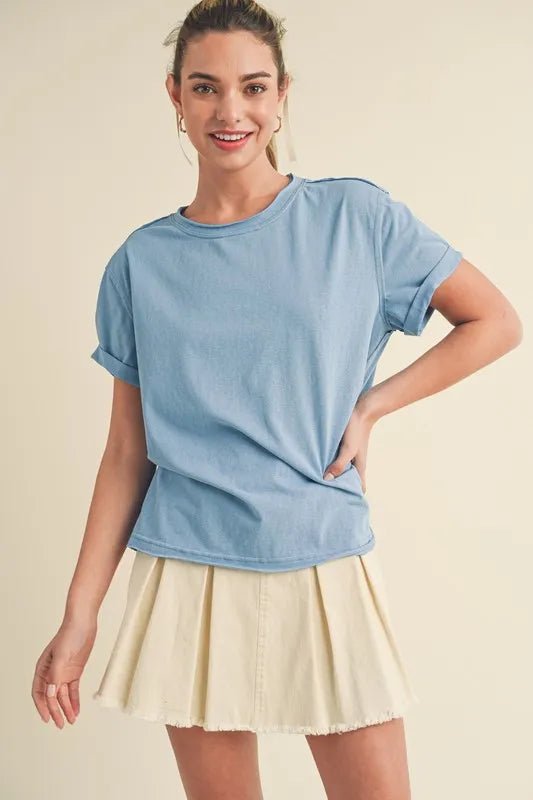 Aemi + Co Women's Exposed Seam Round Neck Short Sleeve Basic T-Shirt - Casual Everyday Wear & Layering Essential