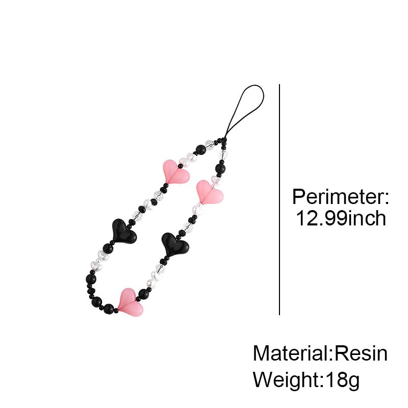 Y2K Phone Charms for Women - Black Pink Heart Beaded Phone Strap for Phone Case, Anti-Lost Wristlet for Girls