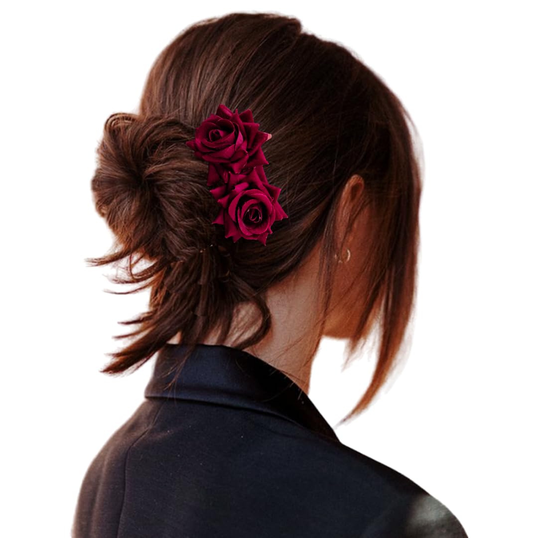 Elegant Dual Rose Flower Hair Comb Slide - Vintage Rose Hairpin for Women & Girls (Maroon) | Perfect for Weddings, Prom, Parties & Everyday Hairstyling