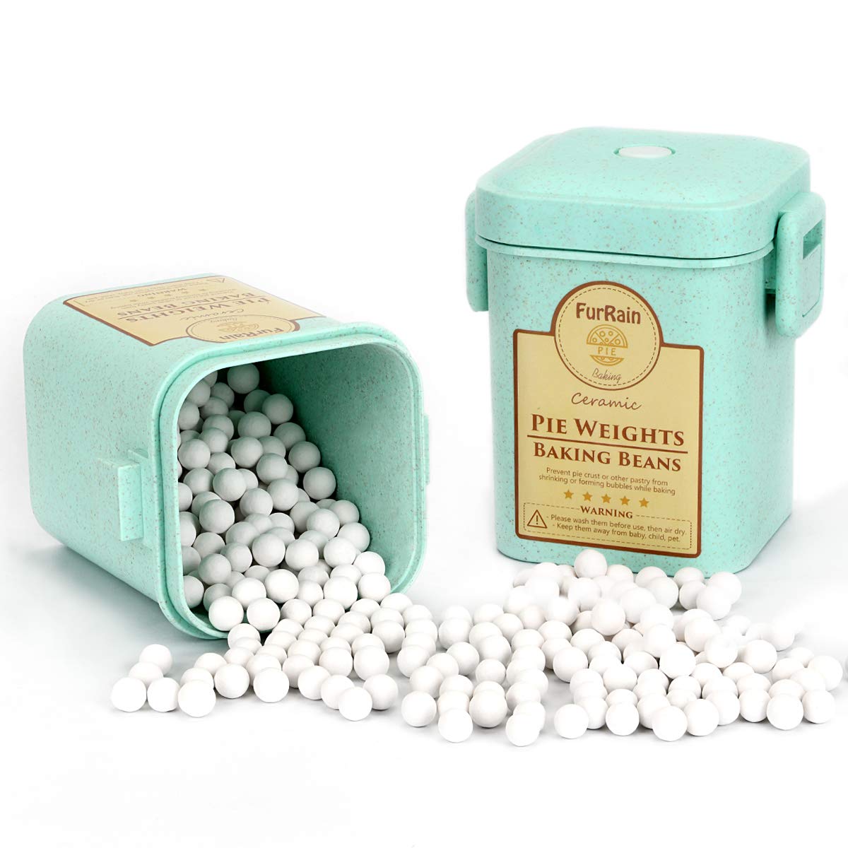 Reusable 10mm Ceramic Pie Weights - Natural Stoneware Baking Beans for Perfect Pie Crust with Wheat Straw Container | Ideal for Blind Baking, Quiches & Tarts