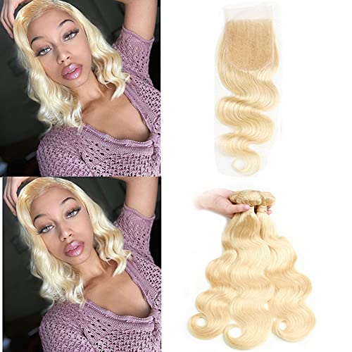 613 Blonde Human Hair Bundles with 4x4 Lace Closure - Body Wave Russian Virgin Hair Weaves (20 22 24 Inch) - Bleached Blonde Hair Extensions for Women - Perfect for Daily Wear, Parties & Special Occasions
