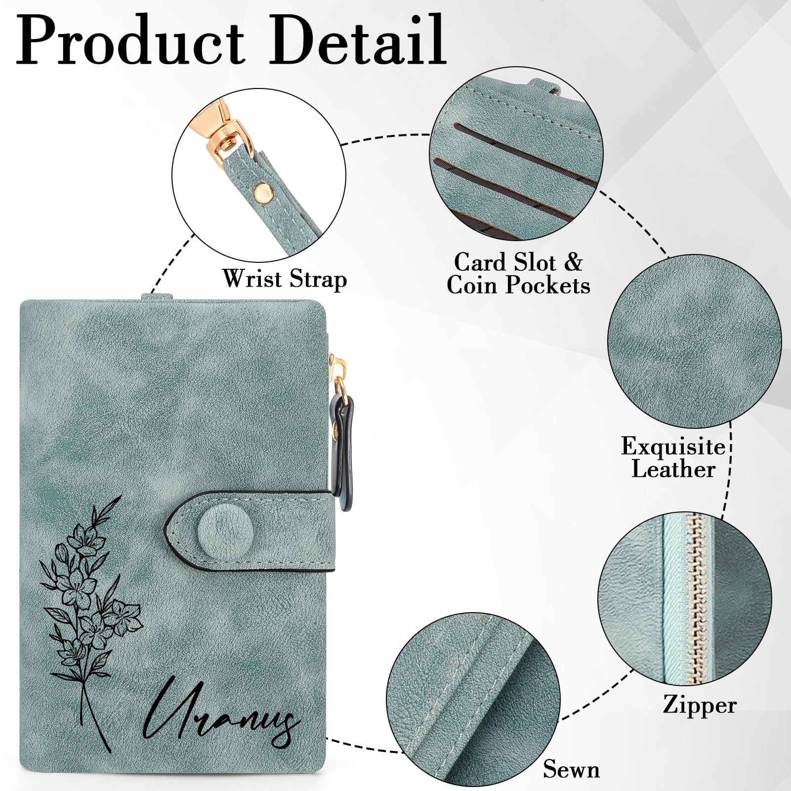 Custom Personalized Leather Wallet for Women - Engraved Birth Flower & Name - Small Zipper Coin Purse - Perfect Gift for Birthday, Mother's Day, Christmas (Green) - Ideal for Teens, Ladies & Everyday Use