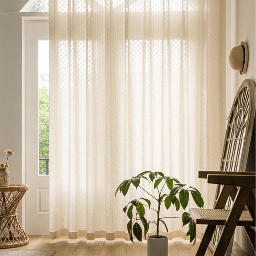 Eleanor Ivory Mesh Embossed Custom Semi-Sheer Curtains - Elegant Window Treatment for Living Room, Bedroom & Nursery