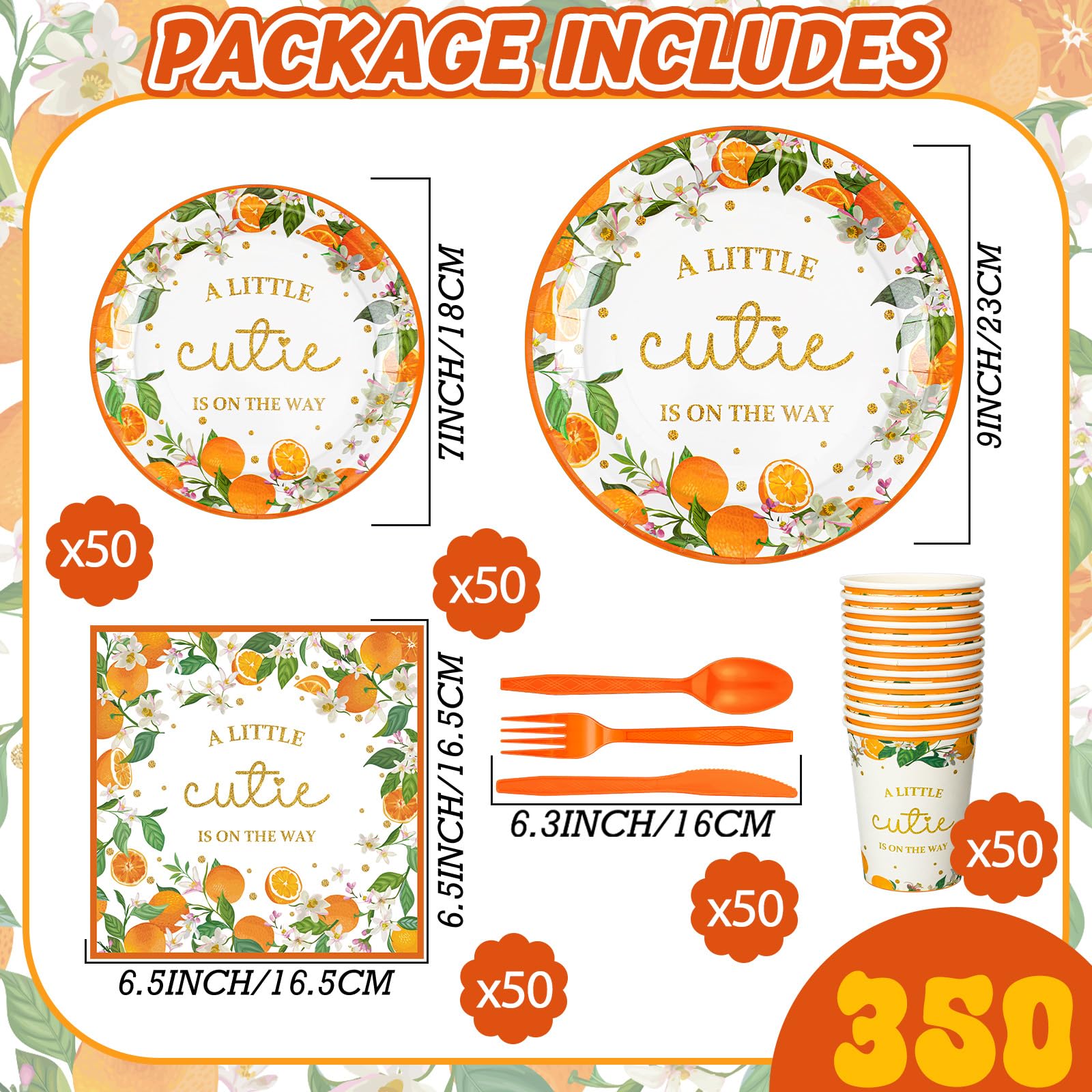 350-Piece Orange Little Cutie Baby Shower Party Supplies Set - Includes Dessert Plates, Napkins & Forks for 50 Guests - Perfect for Baby Shower, Gender Reveal & Birthday Celebrations - 