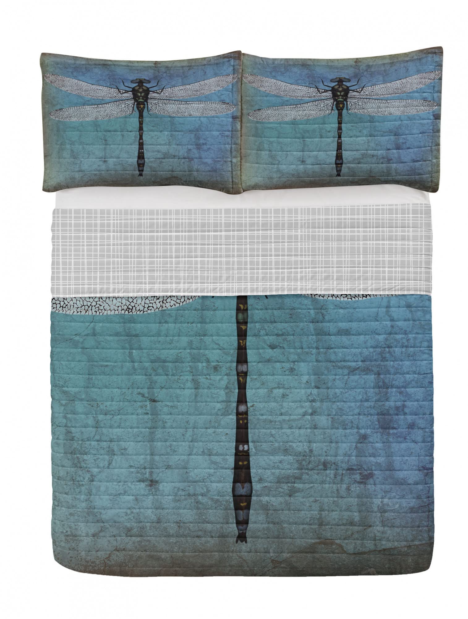 Ambesonne Dragonfly Reversible King Size Bedspread Set - Vintage Grunge Ombre Design with Pillow Shams & Microfiber Comforter in Turquoise & Dark Blue | Perfect for Bohemian Bedroom Decor, Guest Room Makeover, and Unique Home Styling