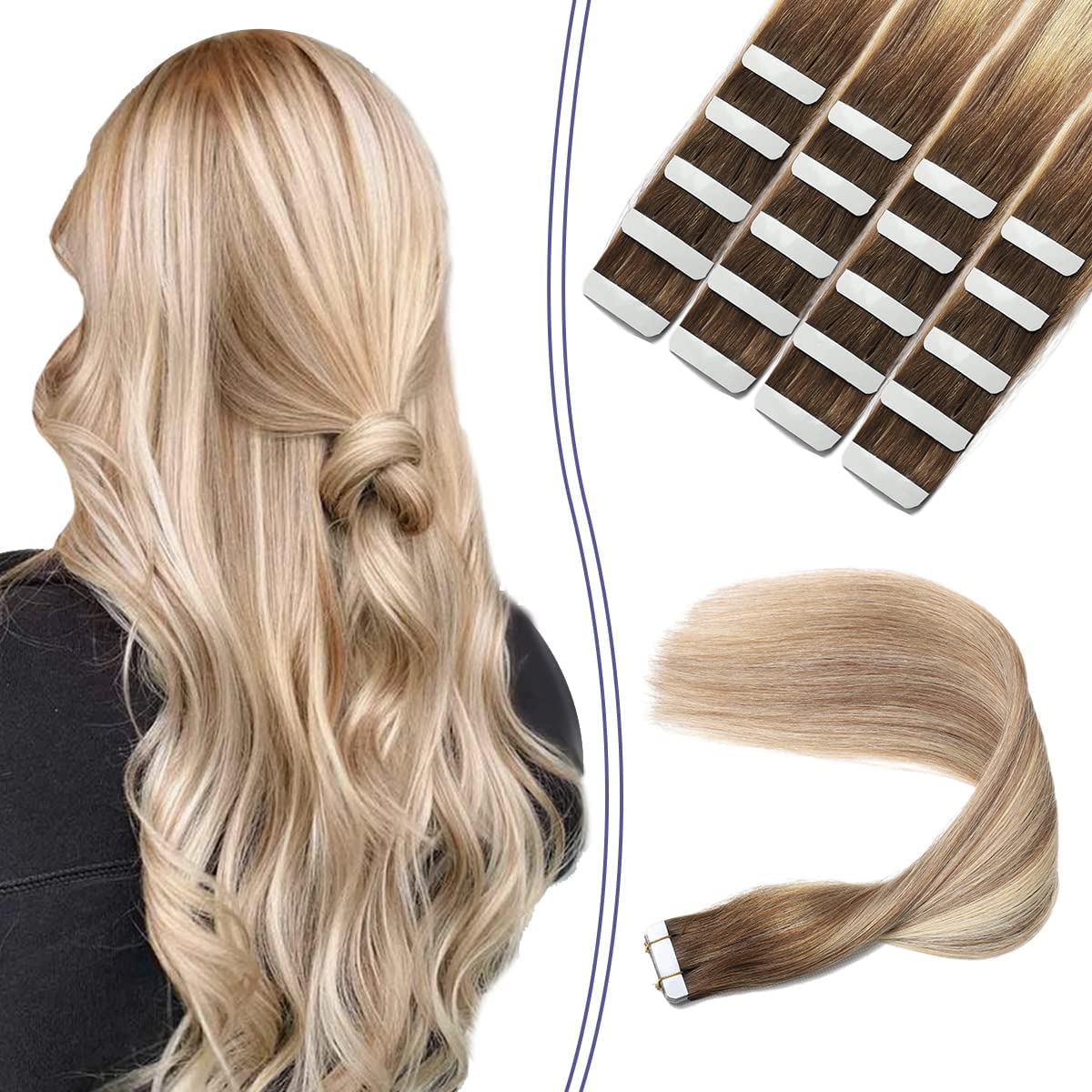 18-Inch Tape-In Human Hair Extensions - Balayage Dark Brown to Light Brown Blonde Ombre - 20 Pieces (50g) - Invisible, Real Human Hair - Tape Size #3/8/22 - For Everyday Wear, Parties & Special Occasions