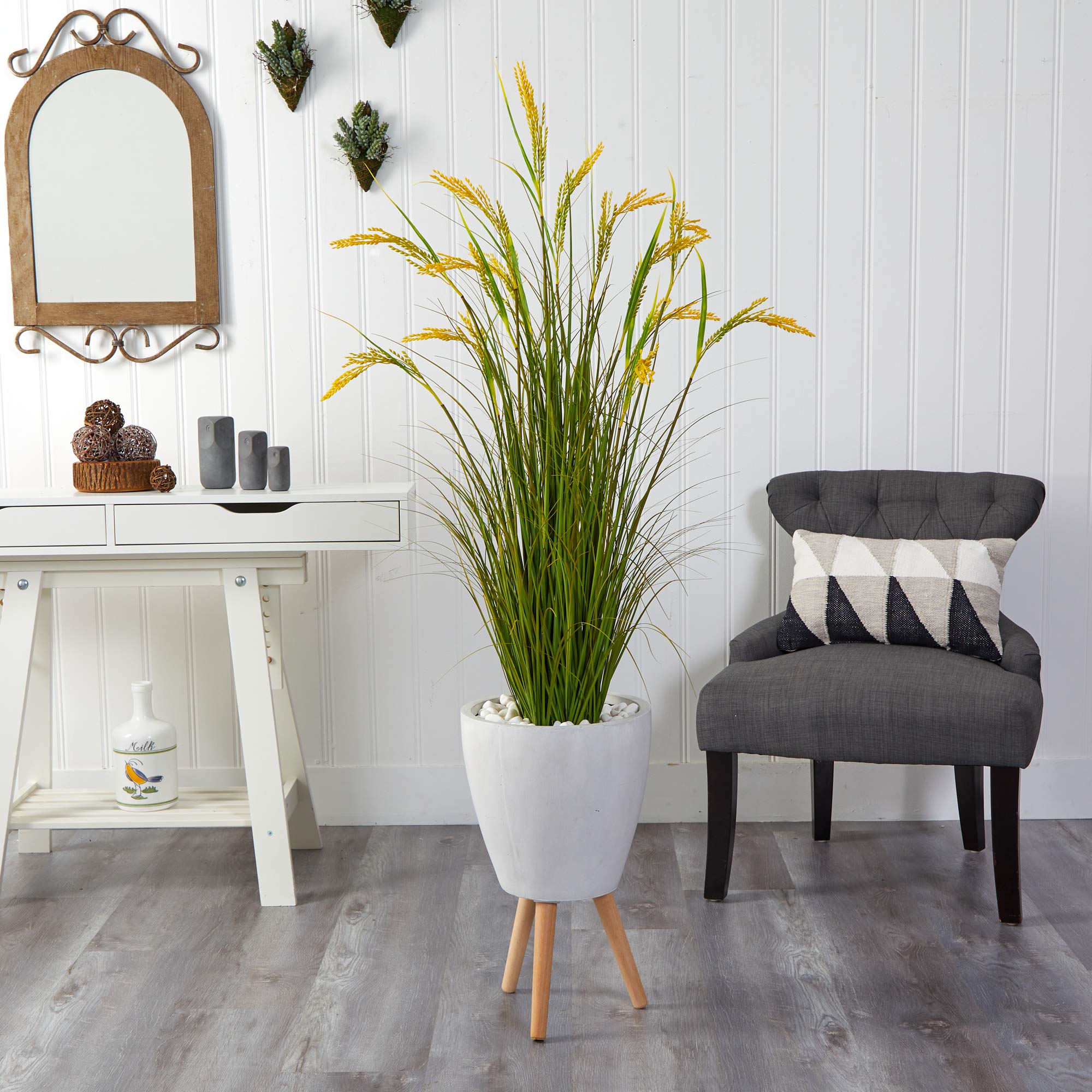 Nearly Natural 5 Inch Wheat Grain Artificial Plant in White Planter with Legs - Perfect for Home, Office, and Farmhouse Decor
