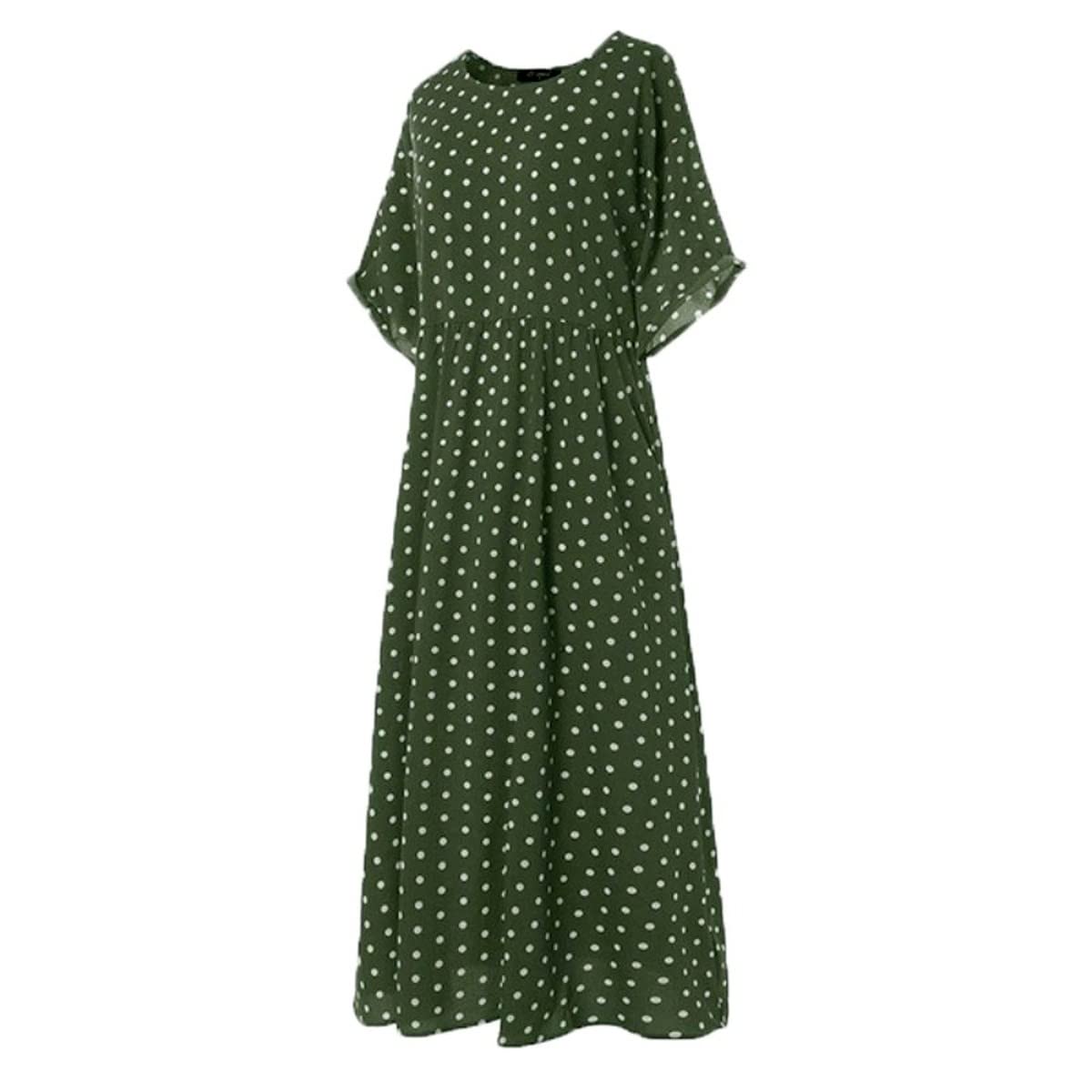 Vintage Polka Dot Long Dress for Women - Casual O-Neck Short Sleeve Loose Kaftan Maxi Dress (Green, 4XL) | Perfect for Beach Cover-Up, Summer Vacation, Boho Chic Outfits & Lounge Wear