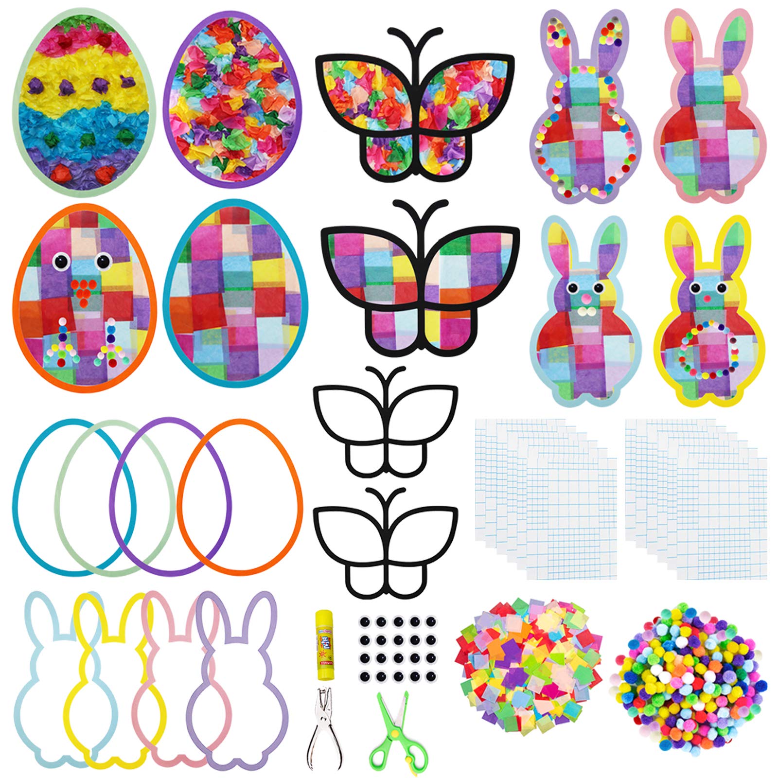 Exquiss 1600-Piece Easter DIY Craft Kit - Tissue Paper Suncatcher Silhouette Window Decorations with Bunny, Egg & Butterfly Designs - Fun Easter Crafts for Kids, Classroom Art Projects & Holiday DIY Activities - Perfect for Home Decor, School Parties & Spring Festival Celebrations