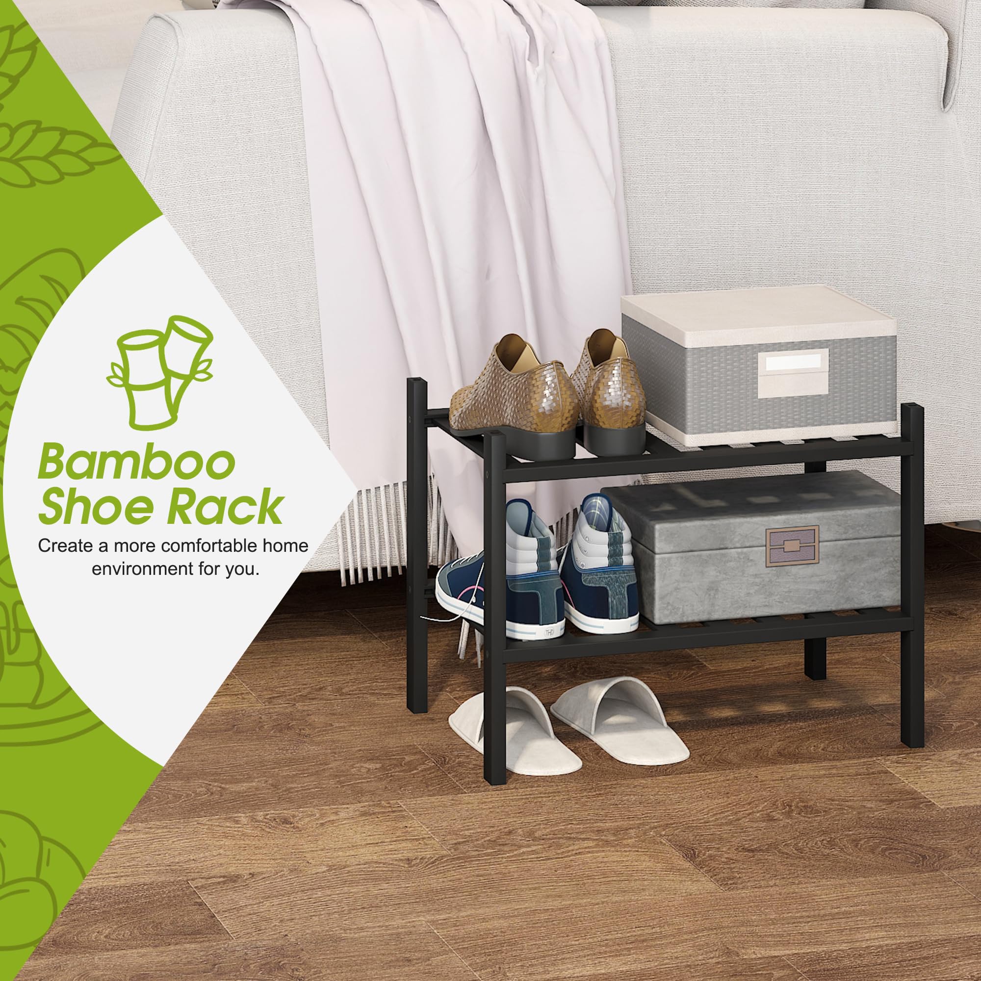 Premium 2-Tier Bamboo Shoe Rack - Stackable Shoe Storage Organizer for Hallway, Closet & Entryway - Space Saving Black Bamboo Shelf for Living Room, Bedroom & Dorm Organization