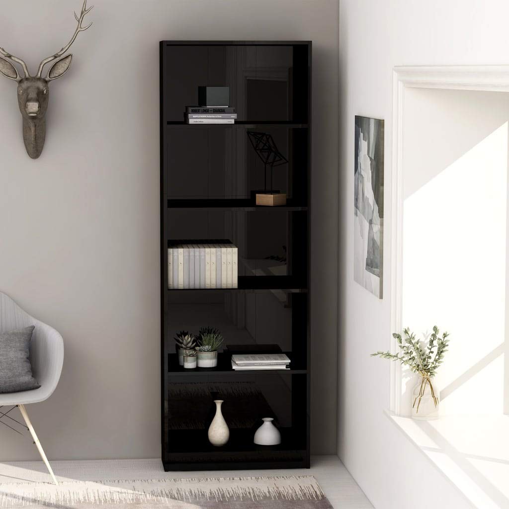 5-Tier Bookcase Storage Cabinet - Home Office Furniture with High Gloss Black Finish - 23.6