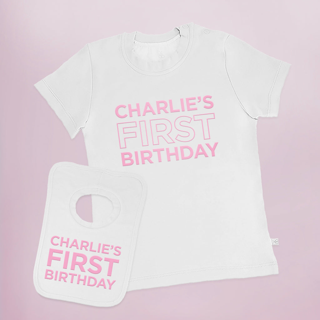 Personalized First Birthday Short Sleeve T-Shirt and Bib Set for Baby Boy or Girl - Perfect for Birthday Photos, Cake Smash, and Special Celebrations