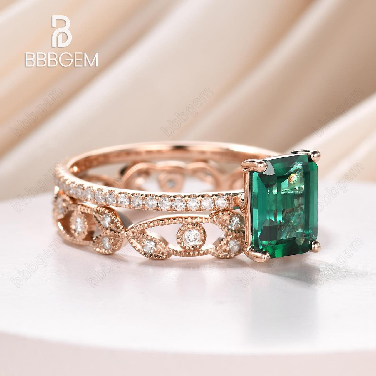 1.4 Carat Emerald Cut Emerald & Diamond Wedding Ring Set in 14k White Gold, Art Deco Flower Eternity Band – Perfect for Bridal, Engagement & Anniversary Gifts