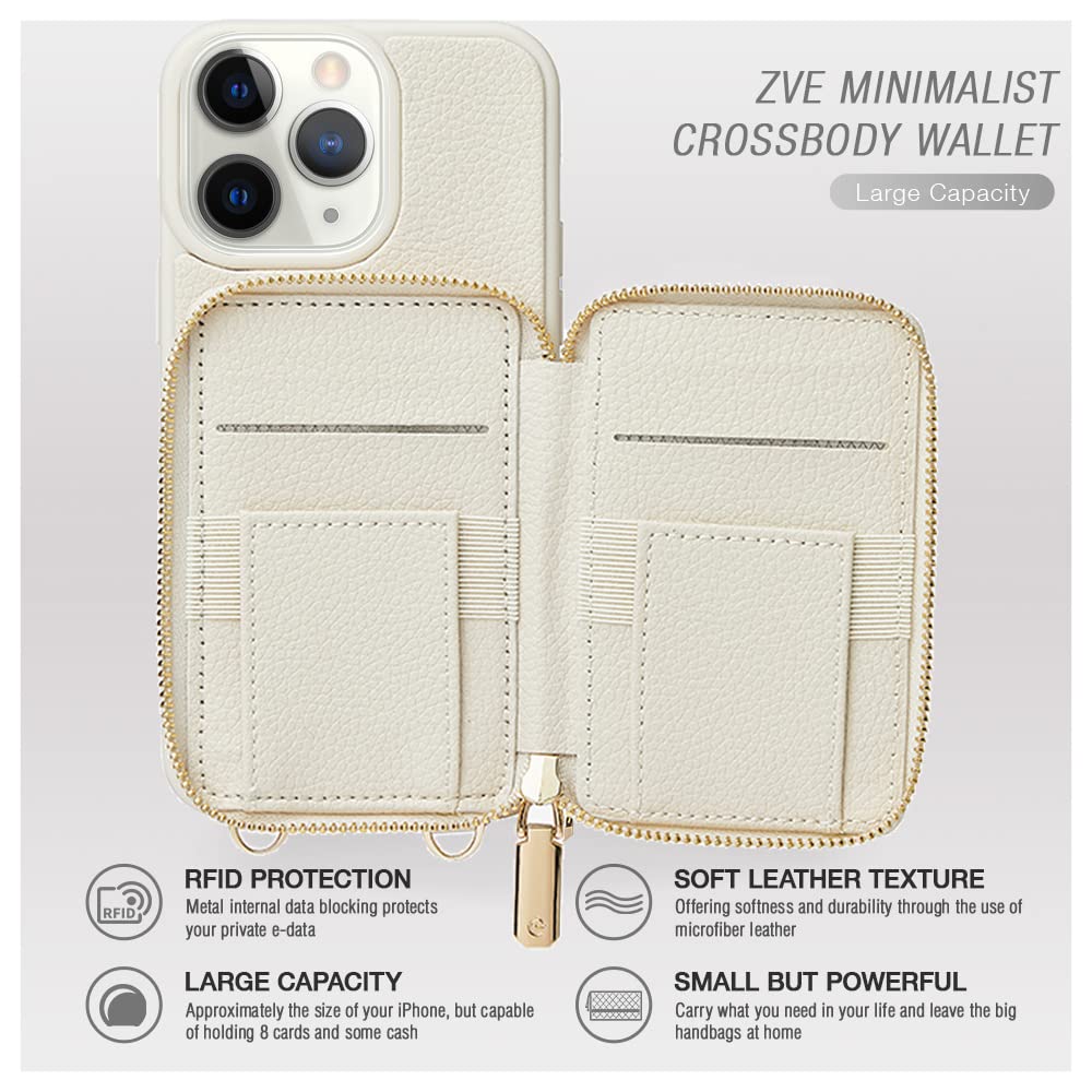 ZVE iPhone 11 Pro Max Wallet Case with Card Holder & Wrist Strap - RFID Blocking Leather Crossbody Phone Purse for Women (6.5 inch, 2019 Model, Beige) | Perfect for Shopping, Travel & Everyday Use