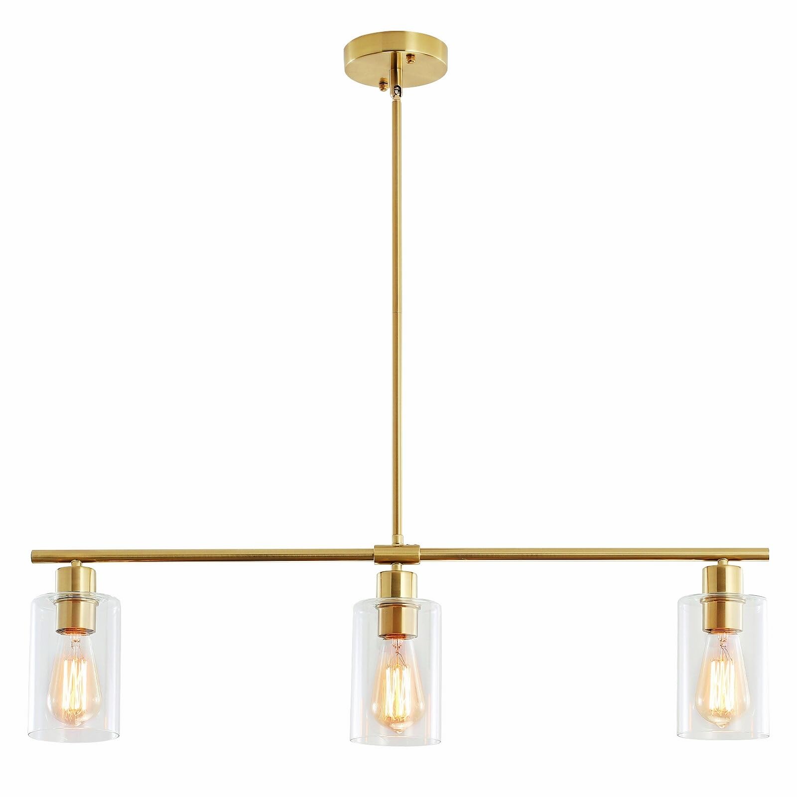 3-Light Industrial Linear Pendant Light Fixture with Clear Glass Shades - Gold Kitchen Island Hanging Chandelier for Dining Room, Washroom & Modern Home Decor | Perfect for Farmhouse, Loft & Contemporary Spaces