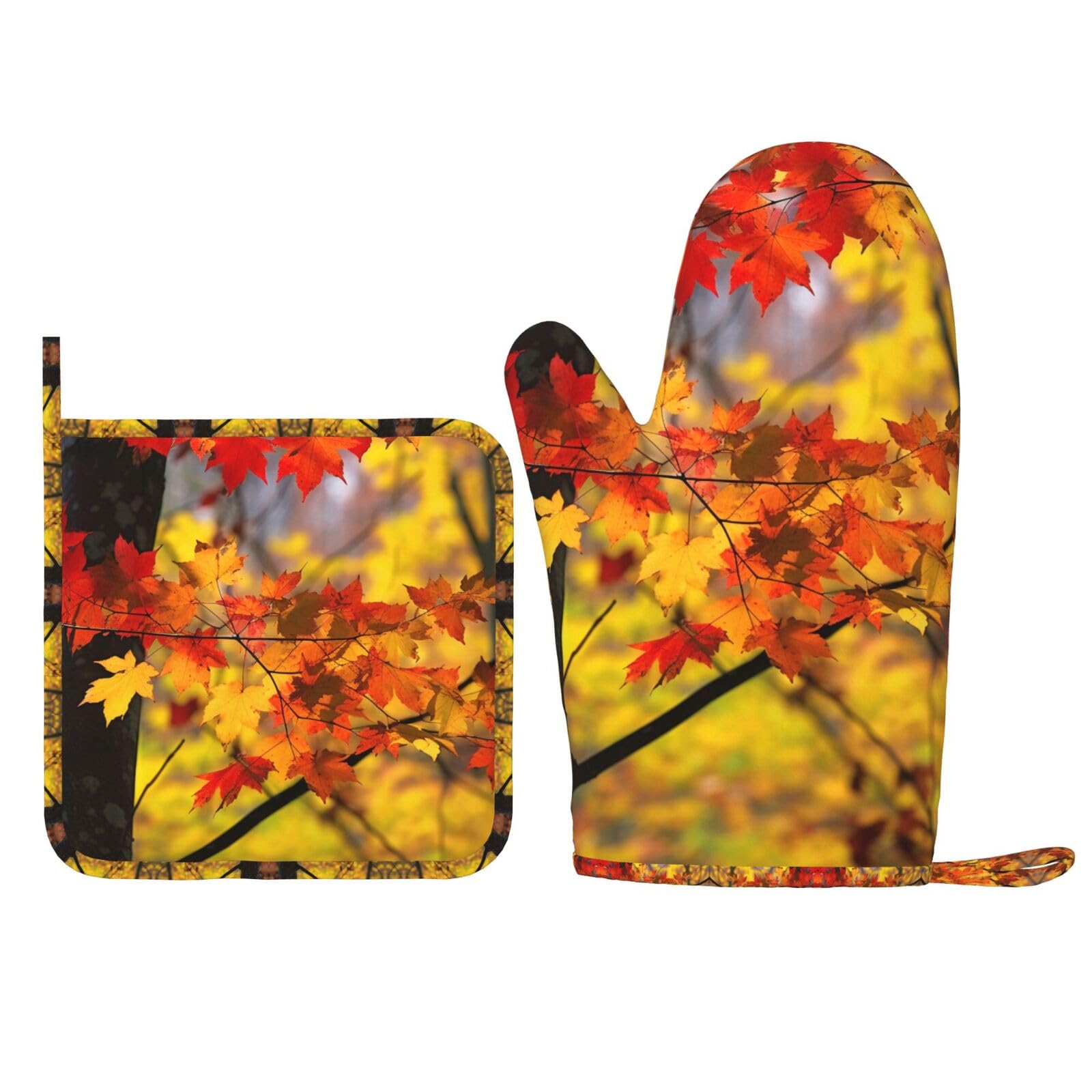 Heat Resistant Maple Leaf Oven Mitts & Pot Holders Set - Waterproof Kitchen Gloves for Baking, Cooking & Grilling - Perfect for Fall Decor & Holiday Kitchen Gifts